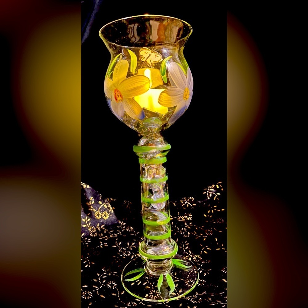 Lillian Vernon Vintage Hand Painted Floral Art Glass Hurricane Votive Holder 11"